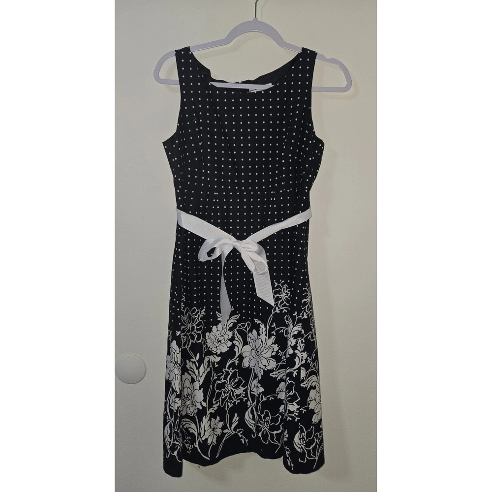 Karin Stevens Sleeveless Black Polka Dot Floral Dress with White Belt Size 8
